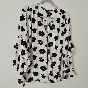 Ann Taylor White Blouse with Black Floral Pattern